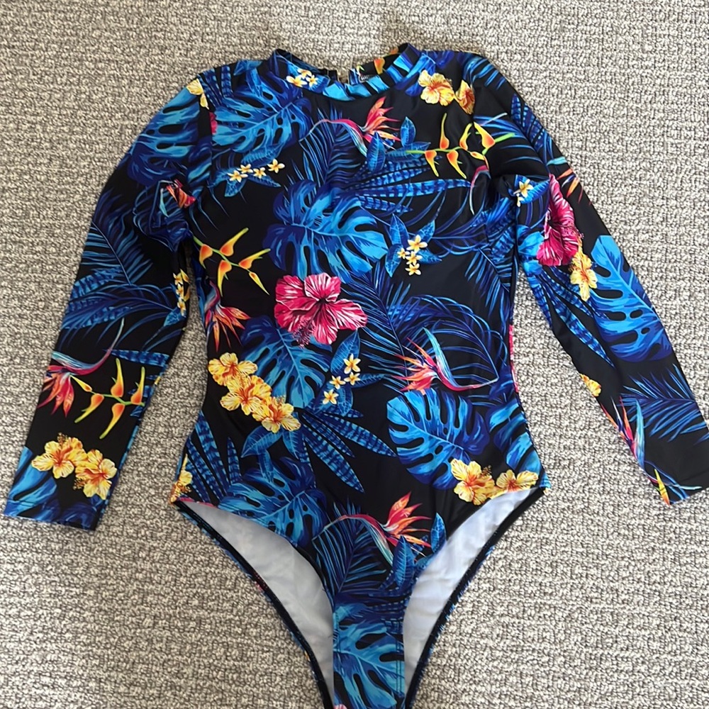 Black Blue Tropical Hawaiian Rashguard Swimsuit One piece M